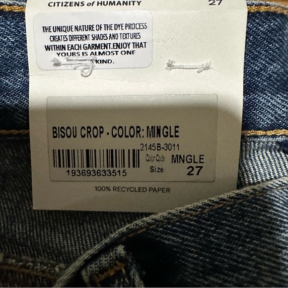 Citizens Of Humanity Dark Blue Bisou Crop raw hem mid rise wide leg Jeans 27 NWT - Picture 7 of 15